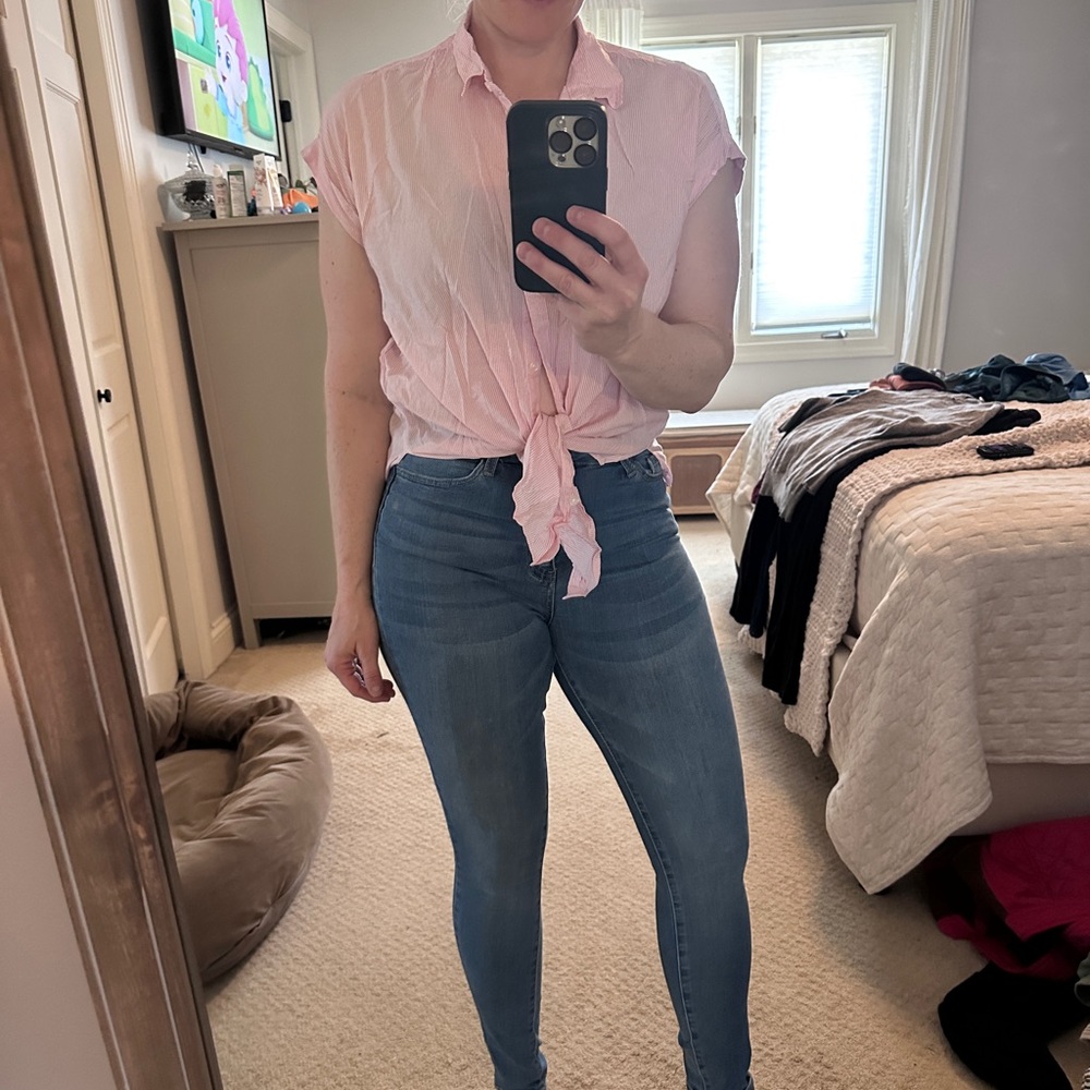 Abercrombie & Fitch- pink striped, button up, tie-bottom blouse.
